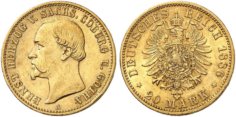 SACHSEN - COBURG - GOTHA. Ernst II., 1844-1893. J. 271, EPA 20/48. 20 Mark 1886....