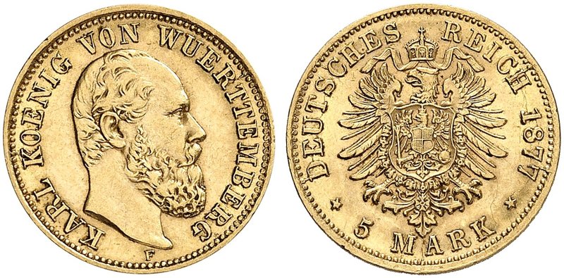 WÜRTTEMBERG. Karl, 1864-1891. J. 291, EPA 5/86. 5 Mark 1877.
vz