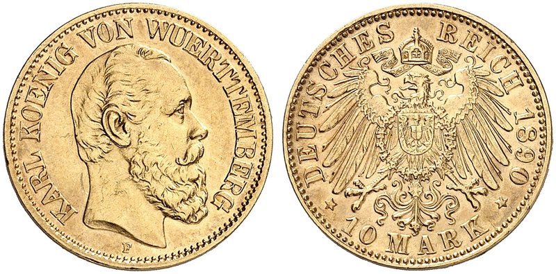 WÜRTTEMBERG. Karl, 1864-1891. J. 294, EPA 10/54. 10 Mark 1890.
kl. Kr., vz