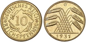 KURS - UND GEDENKMÜNZEN. J. 317, EPA 33. 10 Reichspfennig 1931 G.
in dieser Erhaltung äußerst selten !
PP