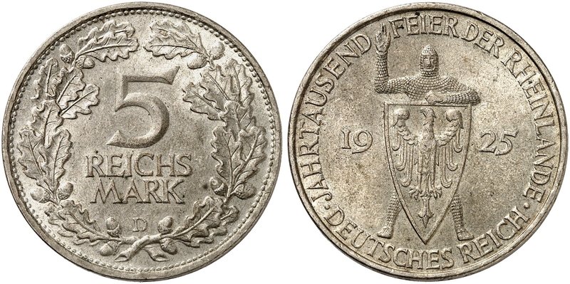 KURS - UND GEDENKMÜNZEN. J. 322, EPA 5/61. 5 RM 1925 D, Rheinlande.
vz