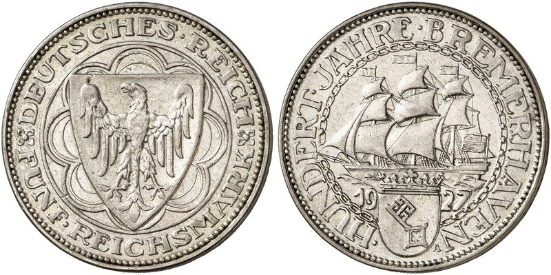 KURS - UND GEDENKMÜNZEN. J. 326, EPA 5/62. 5 RM 1927 A, Bremerhaven.
ss