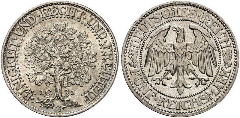 KURS - UND GEDENKMÜNZEN. 5 RM - Kursmünze "Eichbaum". J. 331, EPA 5/64. Ein zwei...
