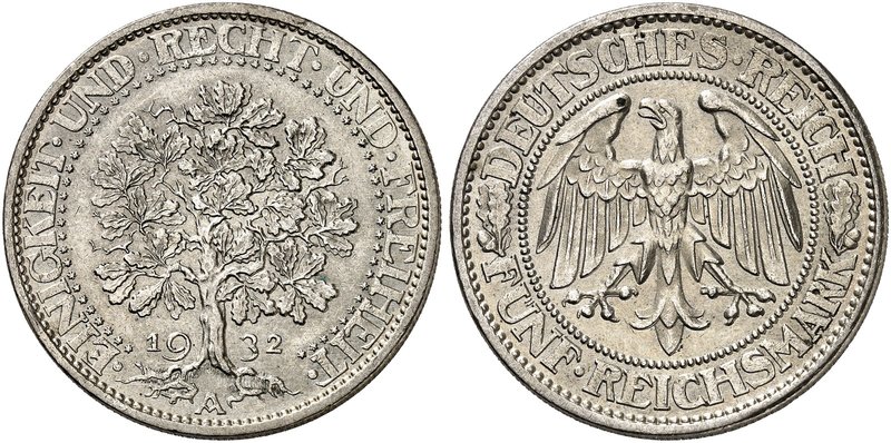 KURS - UND GEDENKMÜNZEN. 5 RM - Kursmünze "Eichbaum". J. 331, EPA 5/64. 5 RM 193...