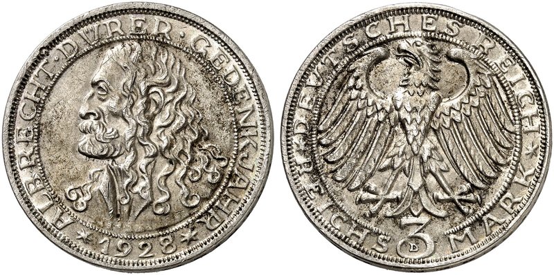 KURS - UND GEDENKMÜNZEN. J. 332, EPA 3/48. 3 RM 1928 D, Dürer.
kl. Rdf., vz