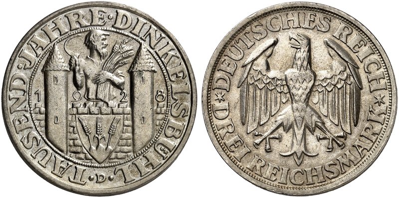 KURS - UND GEDENKMÜNZEN. J. 334, EPA 3/50. 3 RM 1928 D, Dinkelsbühl.
vz