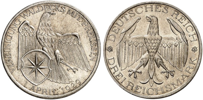 KURS - UND GEDENKMÜNZEN. J. 337, EPA 3/52. 3 RM 1929 A, Waldeck.
vz