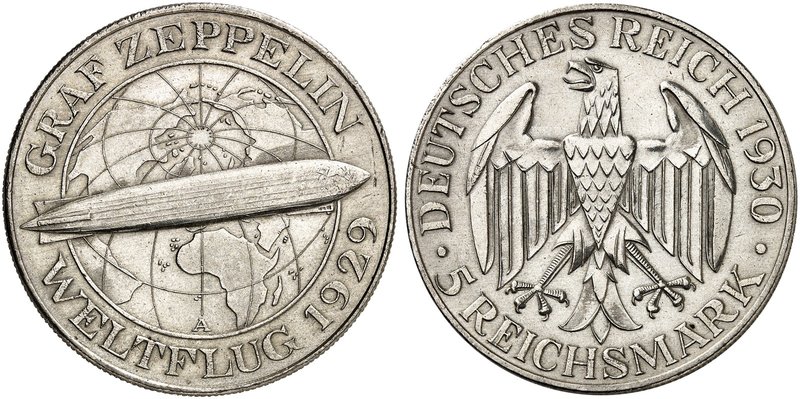 KURS - UND GEDENKMÜNZEN. J. 343, EPA 5/68. 5 RM 1930 A, Zeppelin.
vz