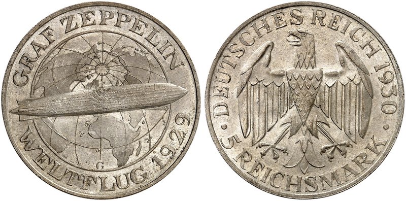 KURS - UND GEDENKMÜNZEN. J. 343, EPA 5/68. 5 RM 1930 G, Zeppelin.
vz - St