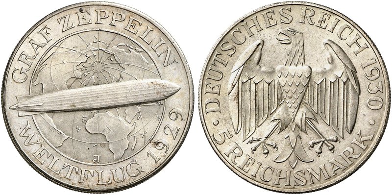 KURS - UND GEDENKMÜNZEN. J. 343, EPA 5/68. 5 RM 1930 J, Zeppelin.
f. St