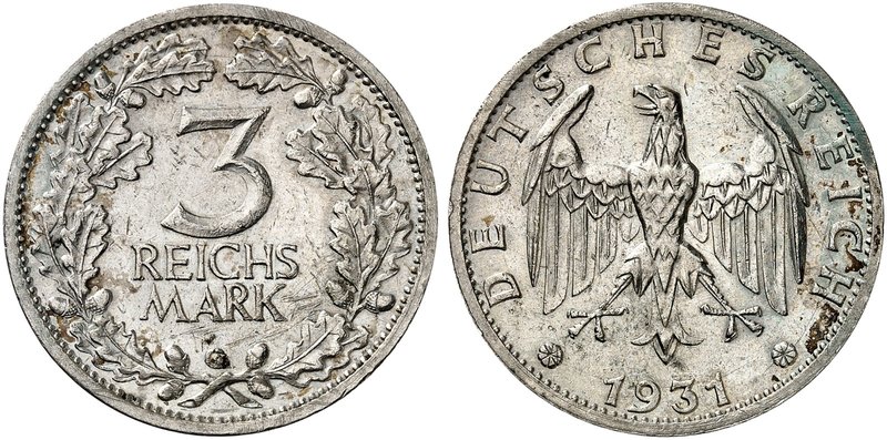 KURS - UND GEDENKMÜNZEN. J. 349, EPA 3/60. 3 RM 1931 G, Kursmünze.
Vs. mehrere ...