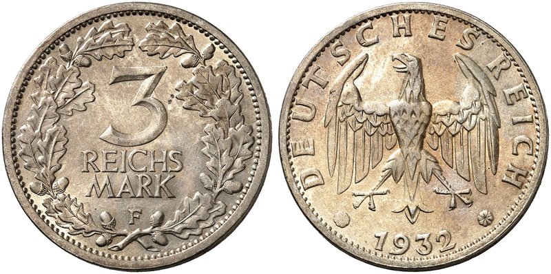 KURS - UND GEDENKMÜNZEN. J. 349, EPA 3/60. 3 RM 1932 F, Kursmünze.
in dieser Er...