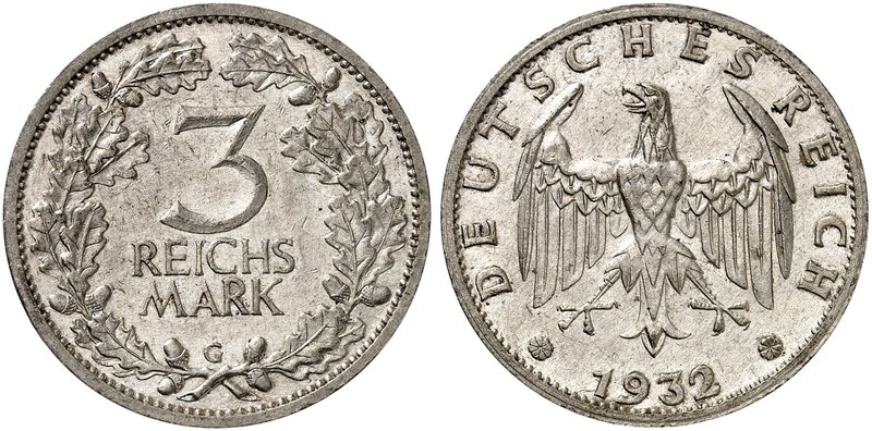 KURS - UND GEDENKMÜNZEN. J. 349, EPA 3/60. 3 RM 1932 G, Kursmünze. RR !
vz
