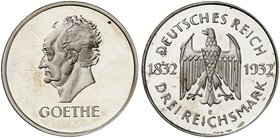 KURS - UND GEDENKMÜNZEN. J. 350, EPA 3/61. 3 RM 1932 E, Goethe.
winz. Haarlinien, PP