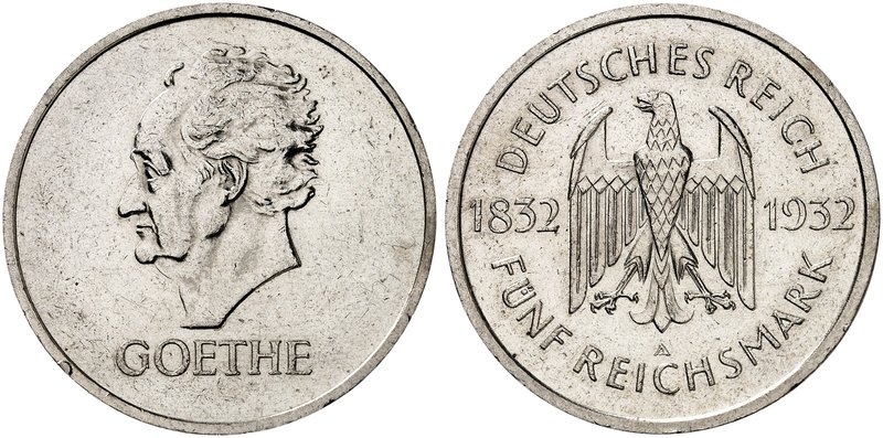 KURS - UND GEDENKMÜNZEN. J. 351, EPA 5/70. 5 RM 1932 A, Goethe.
kl. Rdf., vz