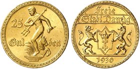 FREIE STADT DANZIG. J. D 11, EPA D 21. 25 Gulden 1930, Neptun mit Dreizack. Gold
winz. Kr., f. St