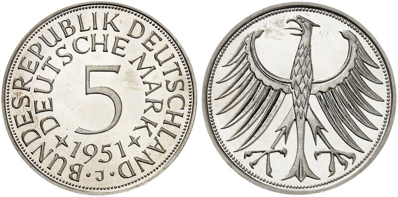 5 DM - Kursmünze. J. 387. 5 DM 1951 J, EPA 4. R !
winz. Haarlinien, PP