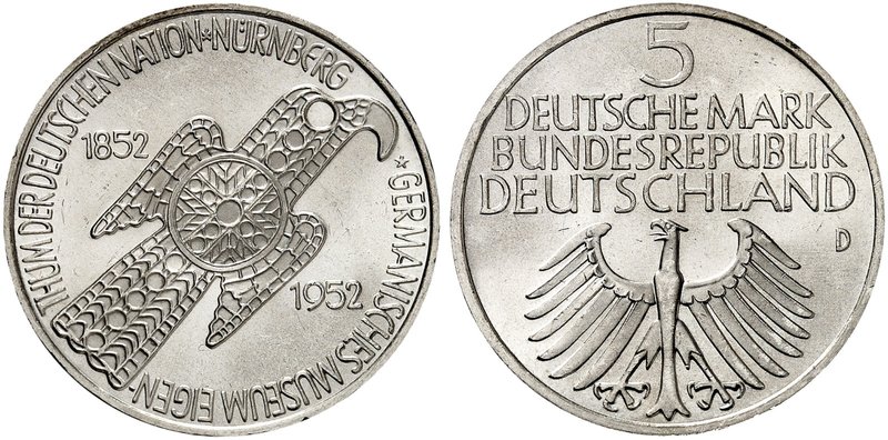 GEDENKMÜNZEN. J. 388, EPA G 1. 5 DM 1952 D, Germanisches Museum.
f. St