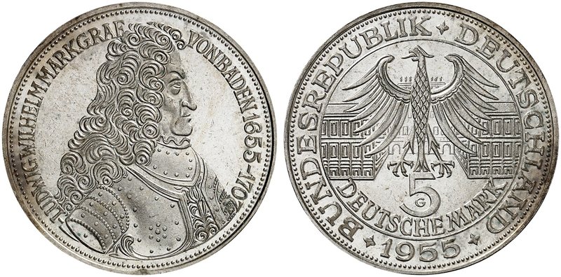 GEDENKMÜNZEN. J. 390, EPA G 3. 5 DM 1955 G, Markgraf von Baden.
f. St