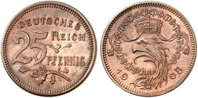 KAISERREICH. Kleinmünzen. zu J. 18, Schaaf 18 / G 25, Slg. Beckenb. 3154. 25 Pfennig 1908 D, glatter Rand.
Kupfer 22,72 mm Ø,
1,45 mm dick, 4,39 g f...