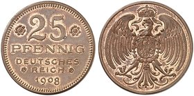 KAISERREICH. Kleinmünzen. zu J. 18, Schaaf 18 / G 27, Slg. Beckenb. 3157. 25 Pfennig 1908 D, glatter Rand.
Kupfer 22,60 mm Ø,
1,38 mm dick, 4,30 g f...