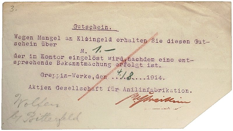 NOTGELDSCHEIN - SAMMLUNG 1914. ANHALT. Wolfen, A. G. für Anilin-Fabrikation, Gre...