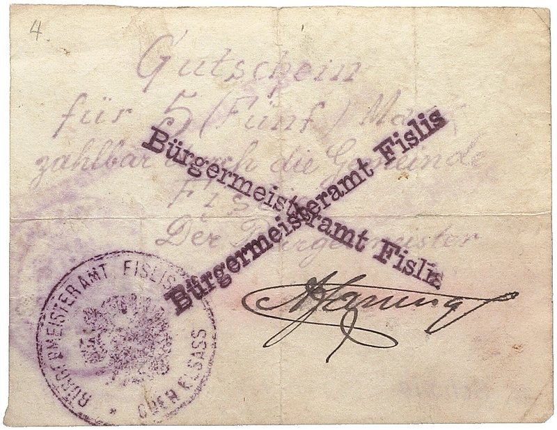 NOTGELDSCHEIN - SAMMLUNG 1914. ELSASS - LOTHRINGEN. Fislis, Gemeinde. Lot von 3 ...