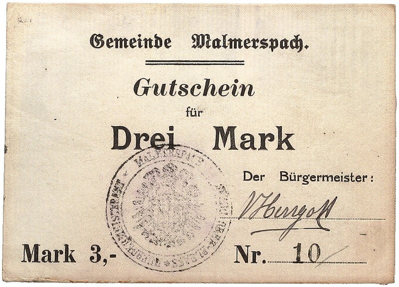NOTGELDSCHEIN - SAMMLUNG 1914. ELSASS - LOTHRINGEN. Malmersbach, Gemeinde. Lot v...