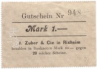 NOTGELDSCHEIN - SAMMLUNG 1914. ELSASS - LOTHRINGEN. Rixheim, J. Zuber & Cie. Lot von 2 Scheinen: 1, 2 Mark o. D.
Dießner 318.1b, d 2 Mark verfärbt, g...