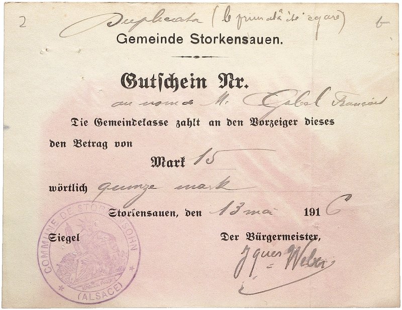 NOTGELDSCHEIN - SAMMLUNG 1914. ELSASS - LOTHRINGEN. Storkensauen, Gemeinde. Lot ...