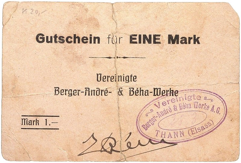 NOTGELDSCHEIN - SAMMLUNG 1914. ELSASS - LOTHRINGEN. Thann, Vereinigte Berger-And...