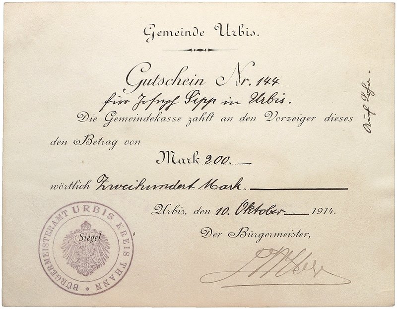 NOTGELDSCHEIN - SAMMLUNG 1914. ELSASS - LOTHRINGEN. Urbis, Gemeinde. Lot von 5 S...