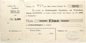 NOTGELDSCHEIN - SAMMLUNG 1914. MECKLENBURG. Güstrow, AOK. Lot von 6 Scheinen: 4 x 1 Mark 8. 8. 1914 (entwertet), 1 Mark o. D., ohne KN, 1 Mark 15. 8. ...