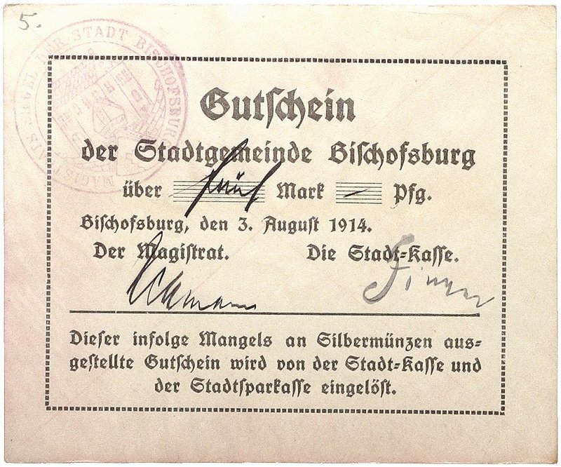 NOTGELDSCHEIN - SAMMLUNG 1914. OSTPREUSSEN. Bischofsburg, Magistrat. Lot von 5 S...