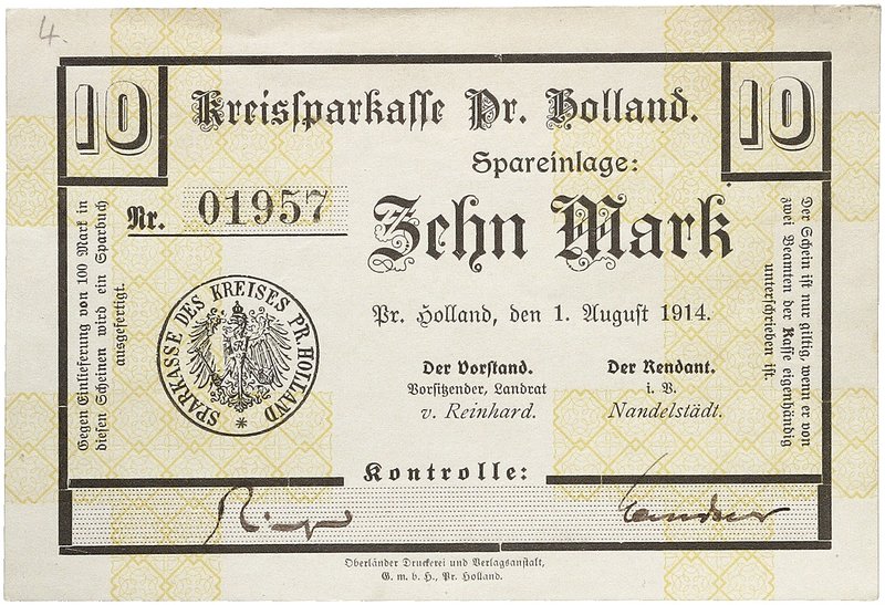 NOTGELDSCHEIN - SAMMLUNG 1914. OSTPREUSSEN. Pr. Holland, Kreissparkasse. Lot von...