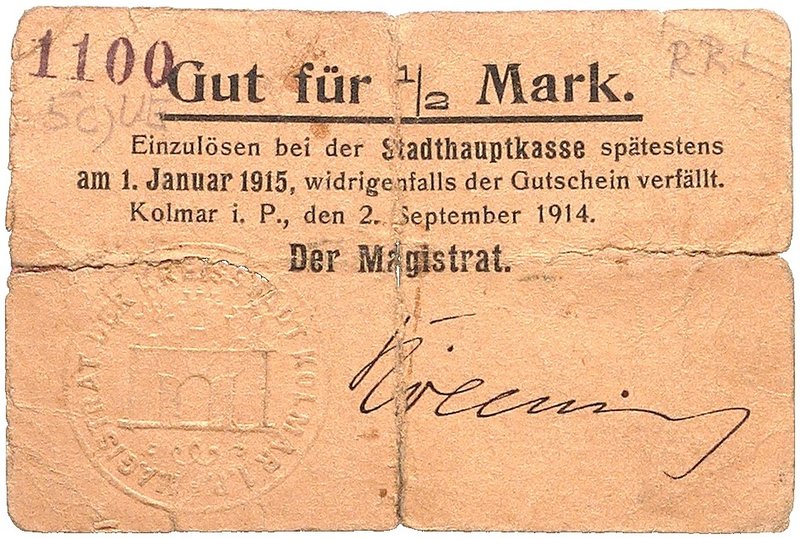 NOTGELDSCHEIN - SAMMLUNG 1914. POSEN. Kolmar, Magistrat. Lot von 10 Scheinen: 2 ...