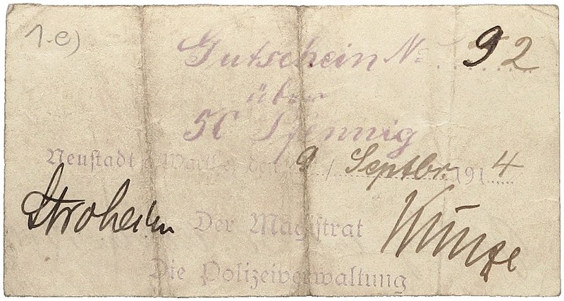 NOTGELDSCHEIN - SAMMLUNG 1914. POSEN. Neustadt a. d. Warthe, Magistrat. Lot von ...