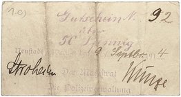 NOTGELDSCHEIN - SAMMLUNG 1914. POSEN. Neustadt a. d. Warthe, Magistrat. Lot von 13 Scheinen: 50 Pfennig, 1, 2, 3, 5 Mark, diverse Daten 1914.
Dießner...