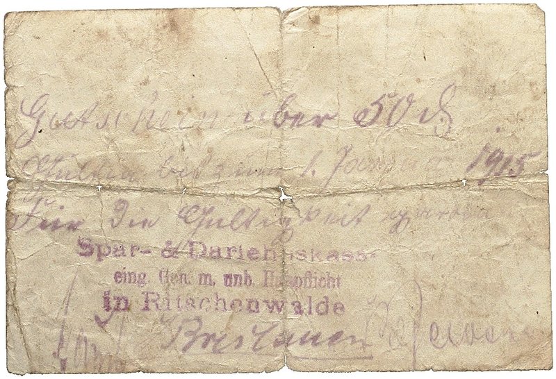 NOTGELDSCHEIN - SAMMLUNG 1914. POSEN. Ritschenwalde, Spar-und Darlehnskasse. Lot...