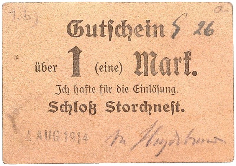 NOTGELDSCHEIN - SAMMLUNG 1914. POSEN. Storchnest, Schloß Storchnest. Lot von 4 S...
