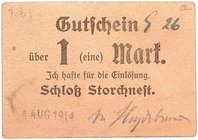 NOTGELDSCHEIN - SAMMLUNG 1914. POSEN. Storchnest, Schloß Storchnest. Lot von 4 Scheinen: 2 x 1 Mark 4. August 1914, 2 x 2 Mark 5., 8. August 1914.
Di...