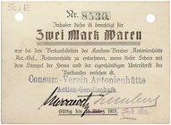 NOTGELDSCHEIN - SAMMLUNG 1914. SCHLESIEN. Antonienhütte, Consum-Verein. Lot von 7 Scheinen: 4 x 1, 3 x 2 Mark 18. 8. 1914, o. D.
Dießner 14.1, 2, 3, ...