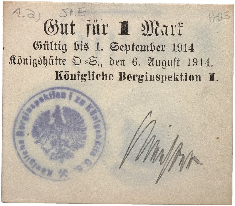 NOTGELDSCHEIN - SAMMLUNG 1914. SCHLESIEN. Königshütte, Königliche Berginspektion...