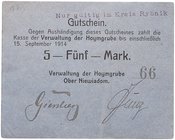 NOTGELDSCHEIN - SAMMLUNG 1914. SCHLESIEN. Ober Niewiadom, Verwaltung der Hoymgrube. Lot von 7 Scheinen: 2 x 1, 2 x 2, 3 x 5 Mark o. D. - 15. 9. 1914....