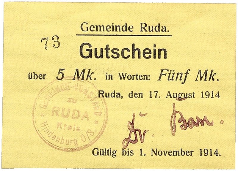 NOTGELDSCHEIN - SAMMLUNG 1914. SCHLESIEN. Ruda, Gemeinde. Lot von 9 Scheinen: 1 ...