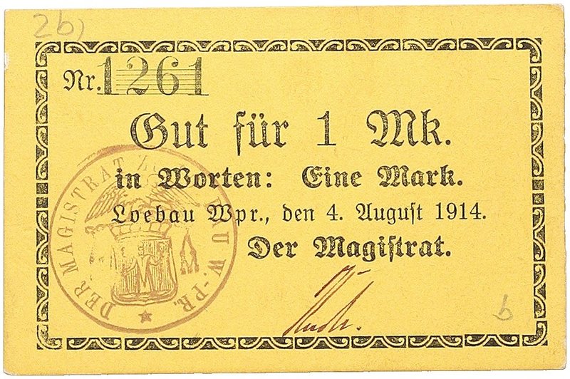 NOTGELDSCHEIN - SAMMLUNG 1914. WESTPREUSSEN. Loebau, Magistrat. Lot von 2 Schein...