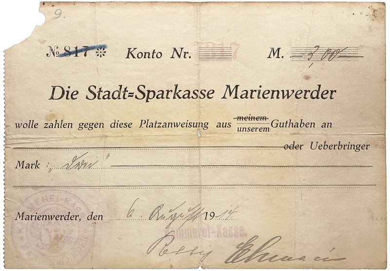 NOTGELDSCHEIN - SAMMLUNG 1914. WESTPREUSSEN. Marienwerder, Kämmerei-Kasse. Lot v...