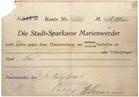 NOTGELDSCHEIN - SAMMLUNG 1914. WESTPREUSSEN. Marienwerder, Kämmerei-Kasse. Lot von 12 Scheinen: Diverse Nominale 4. 8. - 12. 8. 1914.
Dießner 218.1, ...