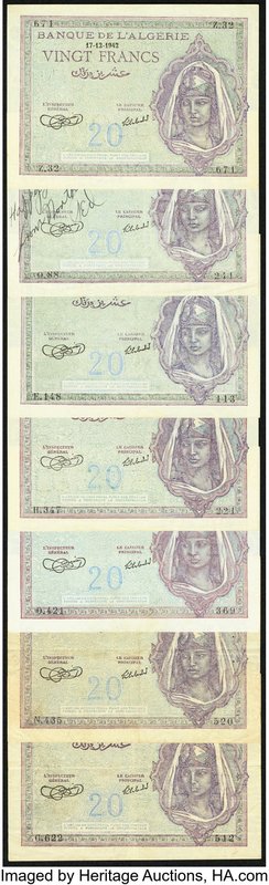 A Wartime Selection of 20 Franc Notes from Algeria. Very Good or Better. One exa...