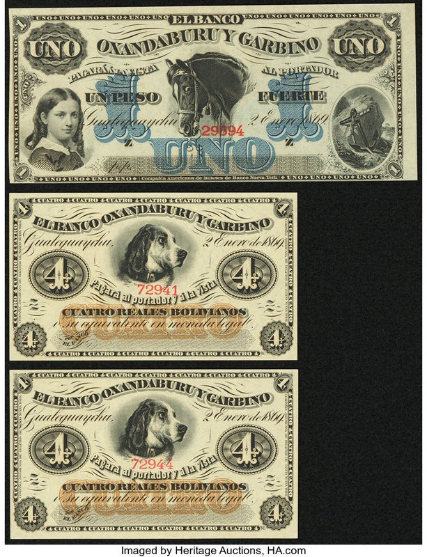 Argentina Banco Oxandaburu y Garbino 4 Reales Bolivianos (2); 1 Peso 1869 Pick S...